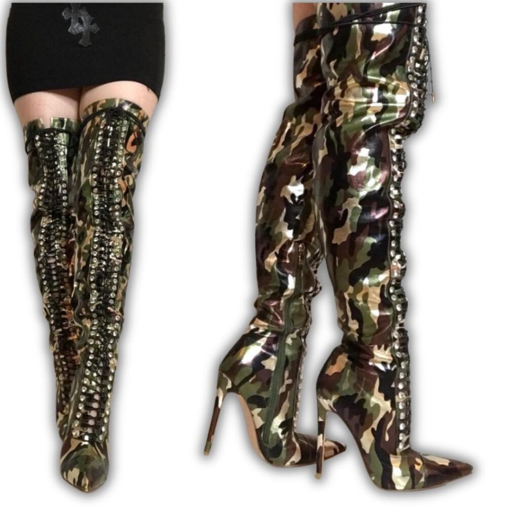 Thigh High Camouflage Print Metallic Leather Crystal Lace Up Boots 37 7 Heels